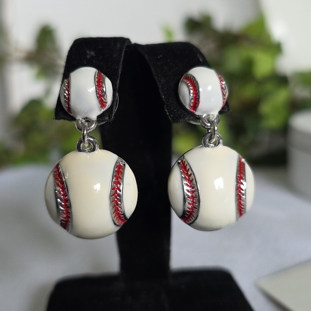 Silver with White and Red Enamel Baseball Drop Earrings